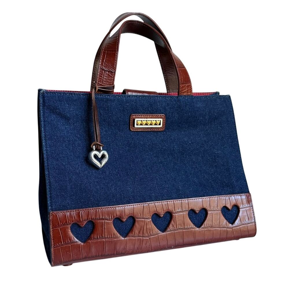 Brighton One World Denim Tote Bag Leather Croc Trim Heart Cottagecore